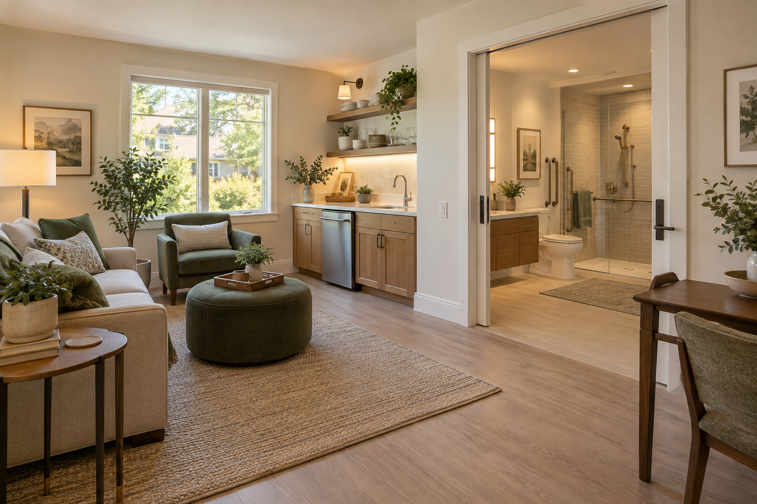 Private aging-in-place suite with a sitting area, kitchenette, wide doorway, and accessible bathroom