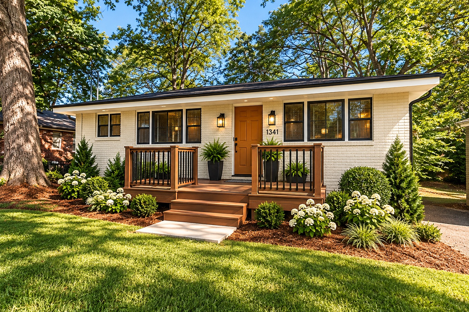 AI conceptual improvements to the front exterior with refreshed paint, landscaping and porch finishes